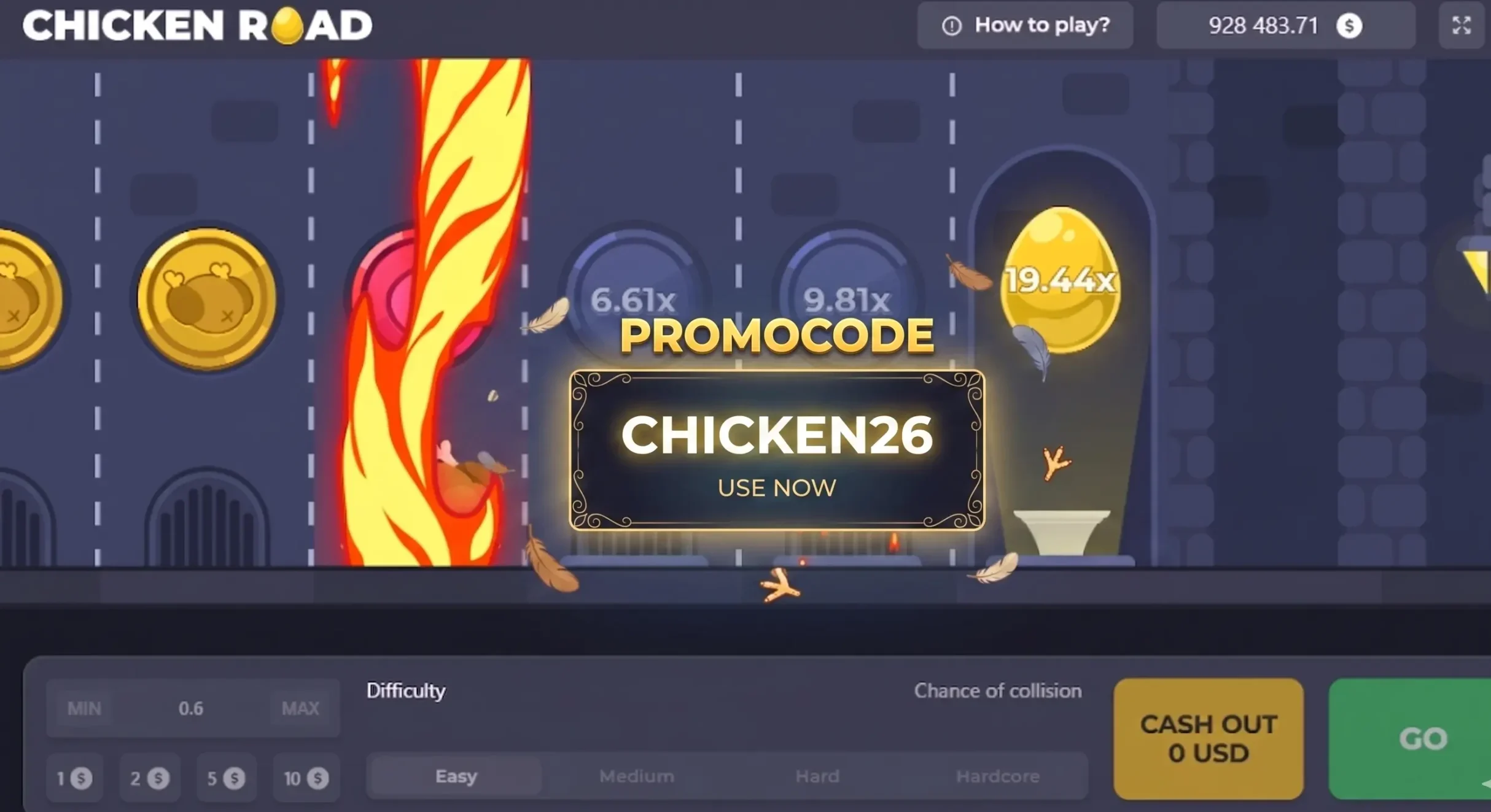 Chicken Road crash game win screen with cash out and bonus balance display